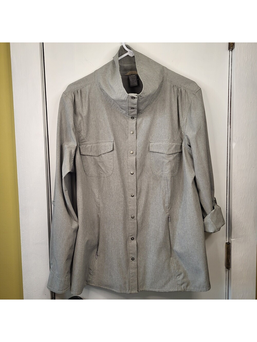 Duluth Trading Company Sol Survivor Shirt Jacket in a light green striped women